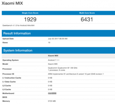 Xiaomi Mi Mix 2: характеристики смартфона подтверждены бенчмарком